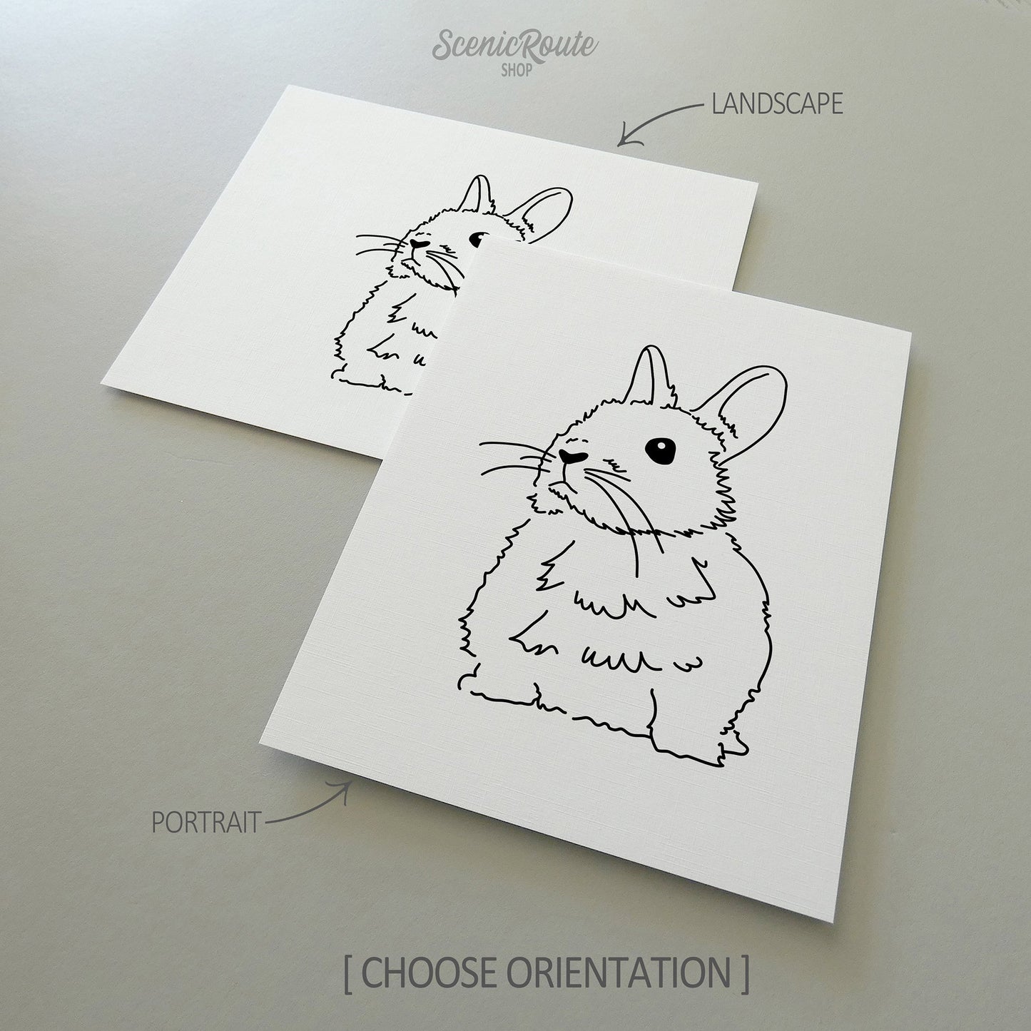 Two line art drawings of a Netherland Dwarf Rabbit on white linen paper with a gray background. The pieces are shown in portrait and landscape orientation for the available art print options.