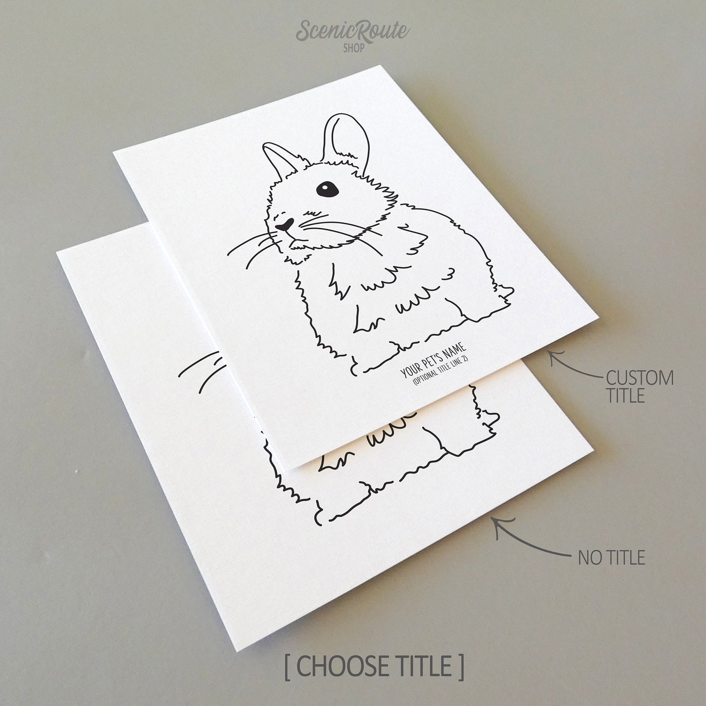 Two line art drawings of a Netherland Dwarf Rabbit on white linen paper with a gray background. The pieces are shown with “No Title” and “Custom Title” options for the available art print options.