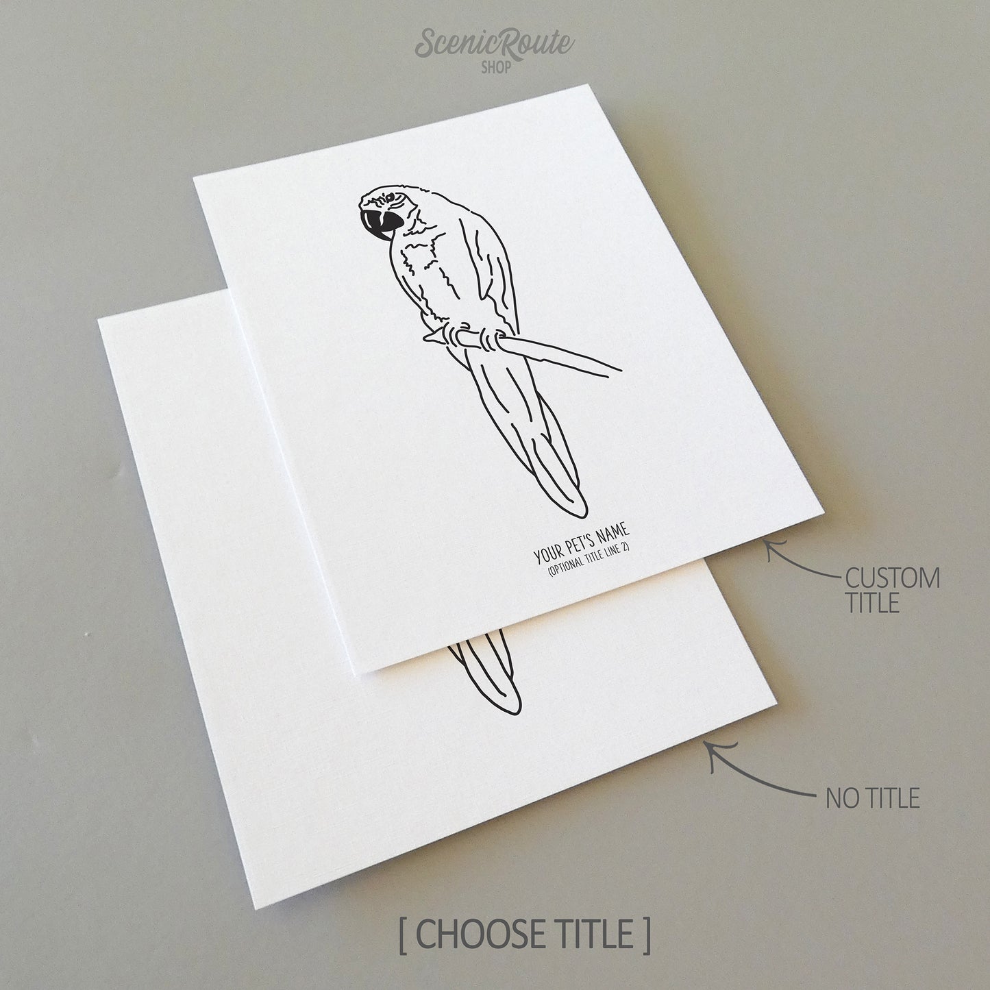 Two line art drawings of a Macaw Parrot on white linen paper with a gray background.  The pieces are shown with “No Title” and “Custom Title” options for the available art print options.