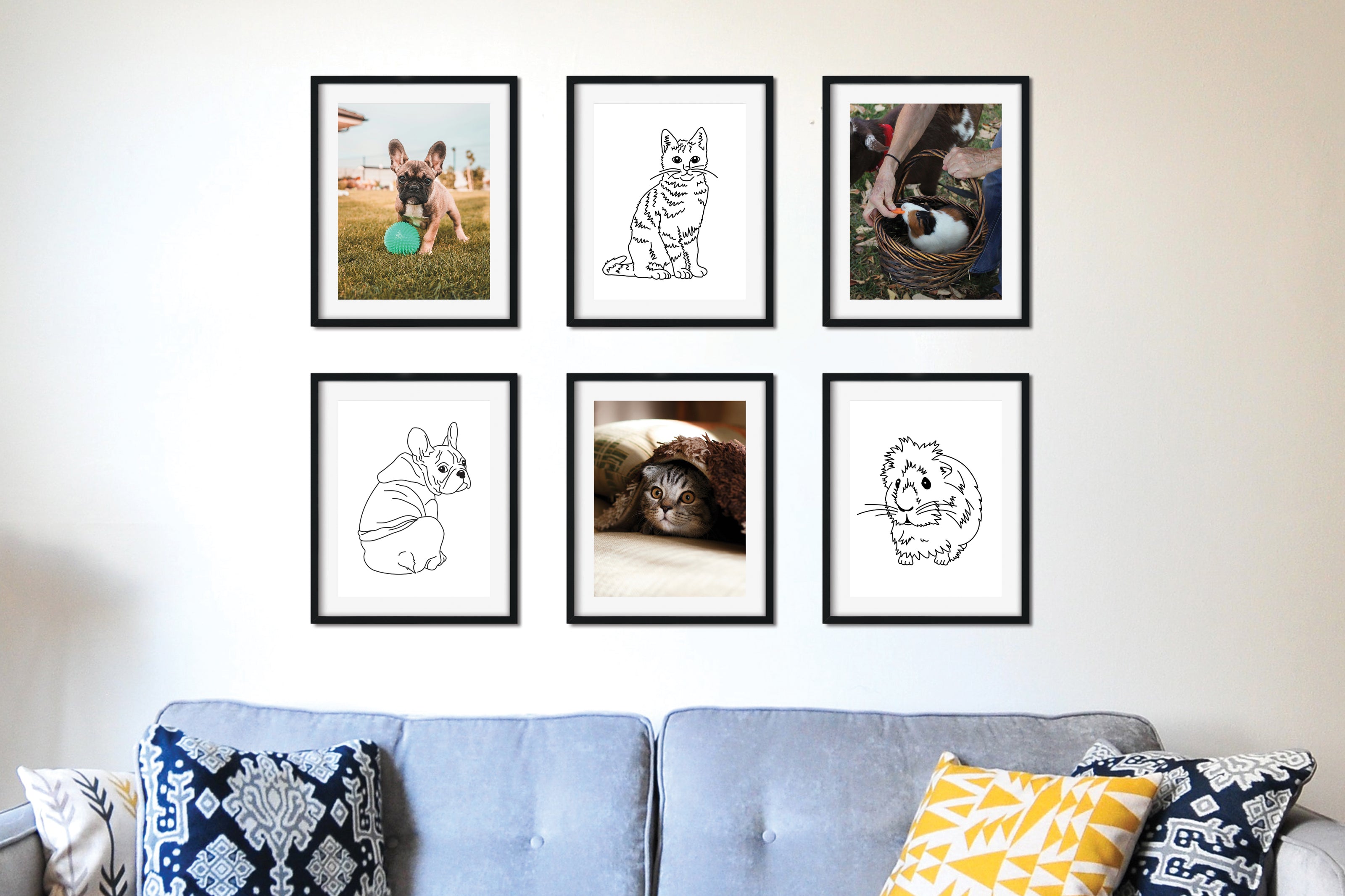 A group of six framed drawings of pets and photos on a wall above a couch with pillows.