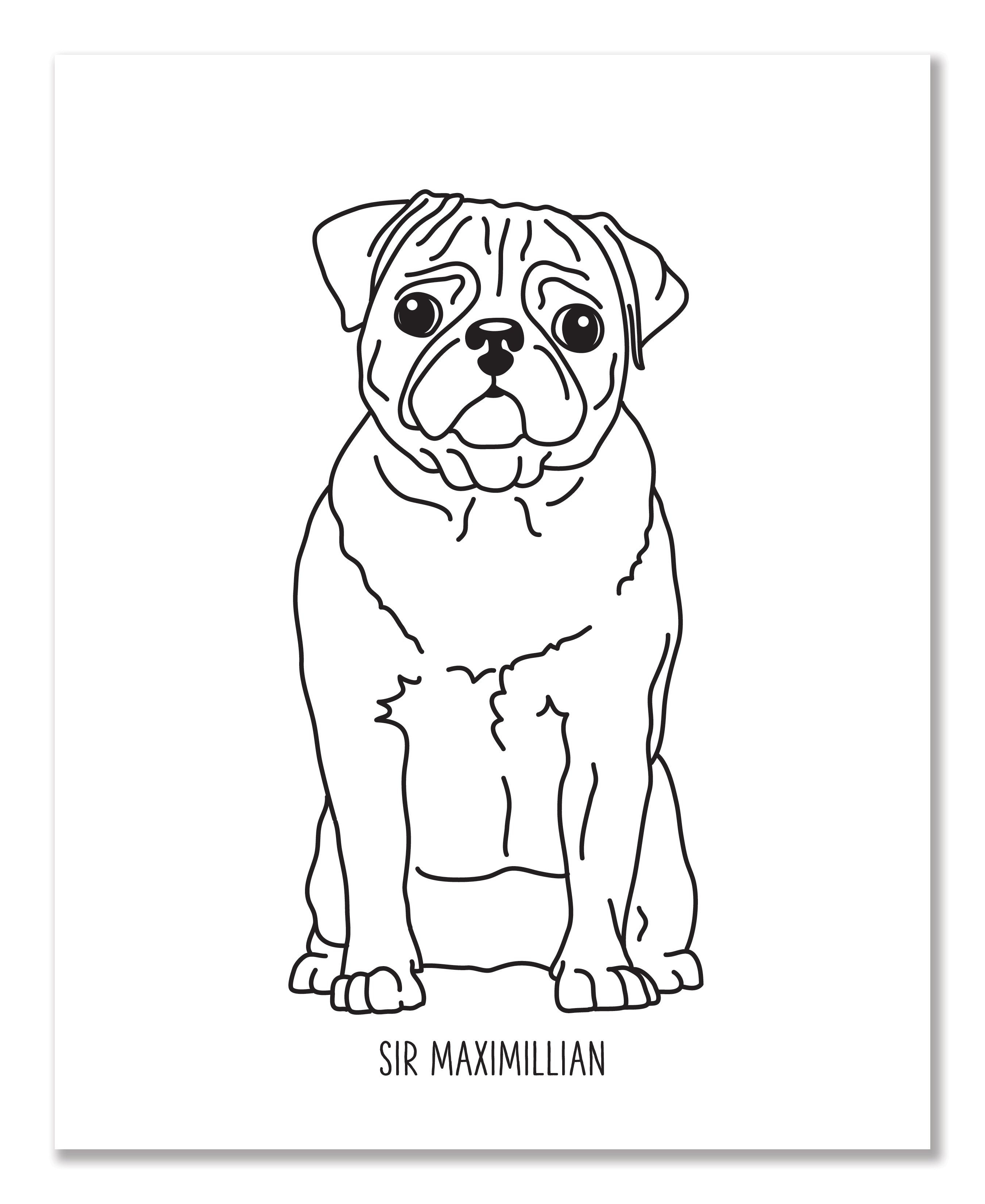 A line drawing of a pug with a custom title