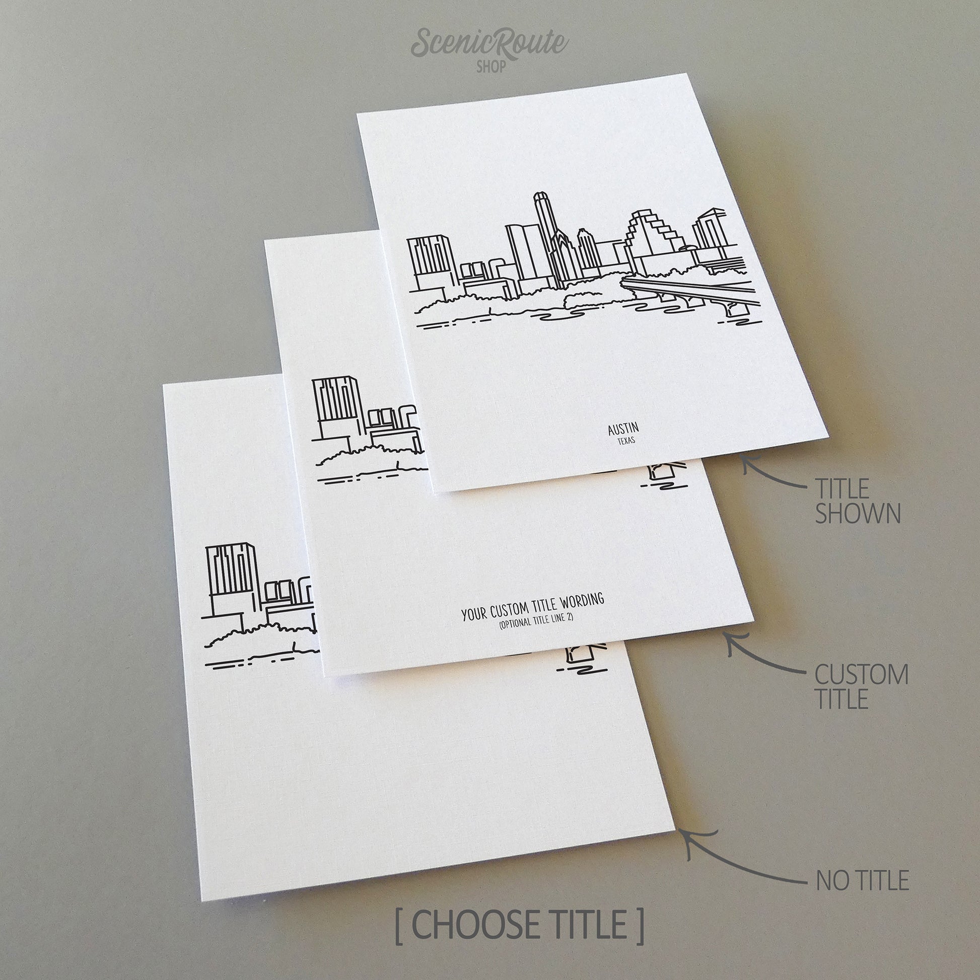 Three line art drawings of the Austin Texas Skyline on white linen paper with a gray background. The pieces are shown with title options that can be chosen and personalized.