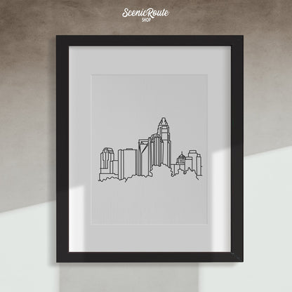 A framed line art drawing of the Charlotte Skyline