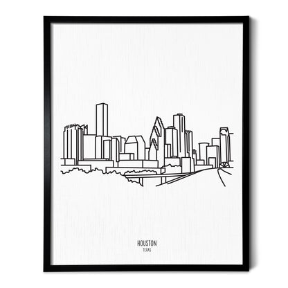 A line art drawing of the Houston Texas Skyline on white linen paper in a thin black picture frame