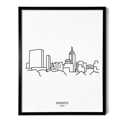 A line art drawing of the Indianapolis Indiana Skyline on white linen paper in a thin black picture frame