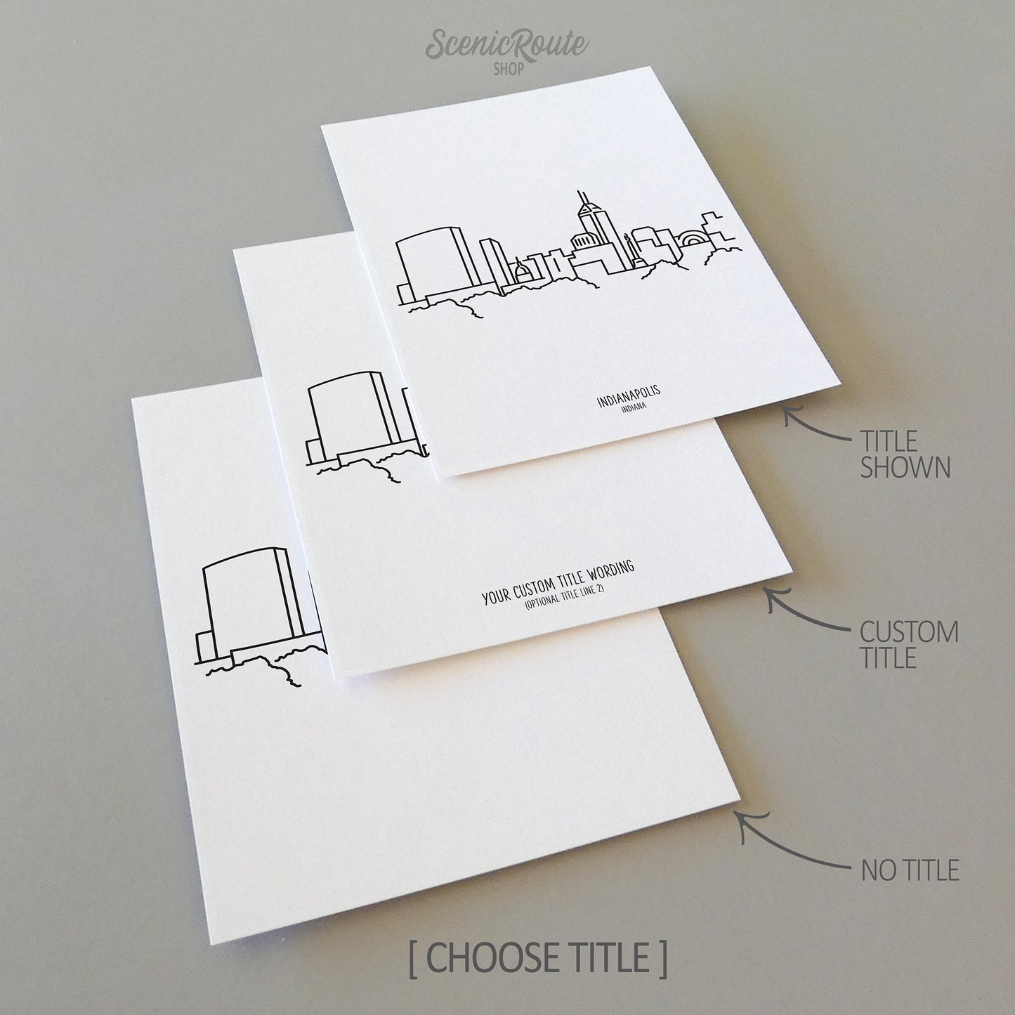 Three line art drawings of the Indianapolis Indiana Skyline on white linen paper with a gray background. The pieces are shown with title options that can be chosen and personalized.