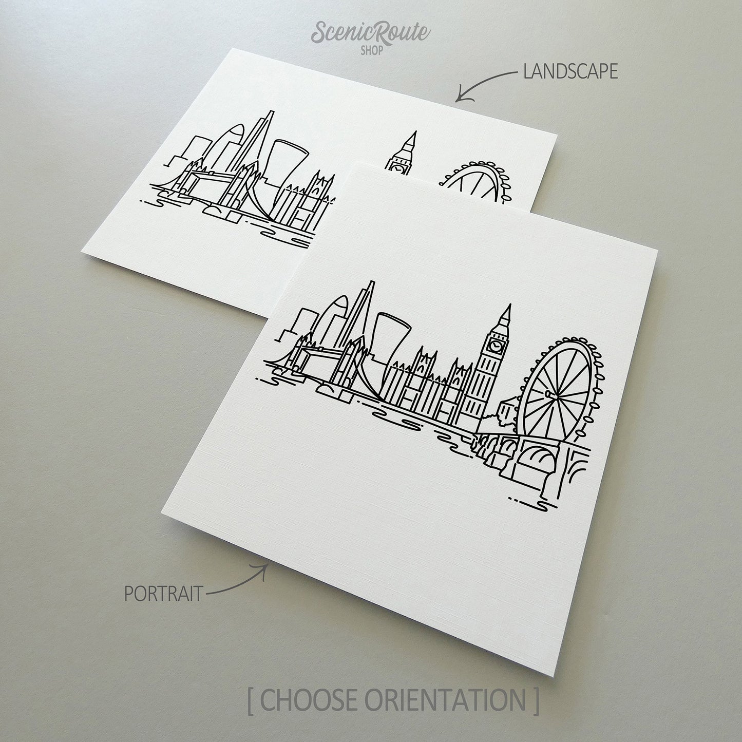 Two line art drawings of the London Skyline on white linen paper with a gray background.  The pieces are shown in portrait and landscape orientation for the available art print options.