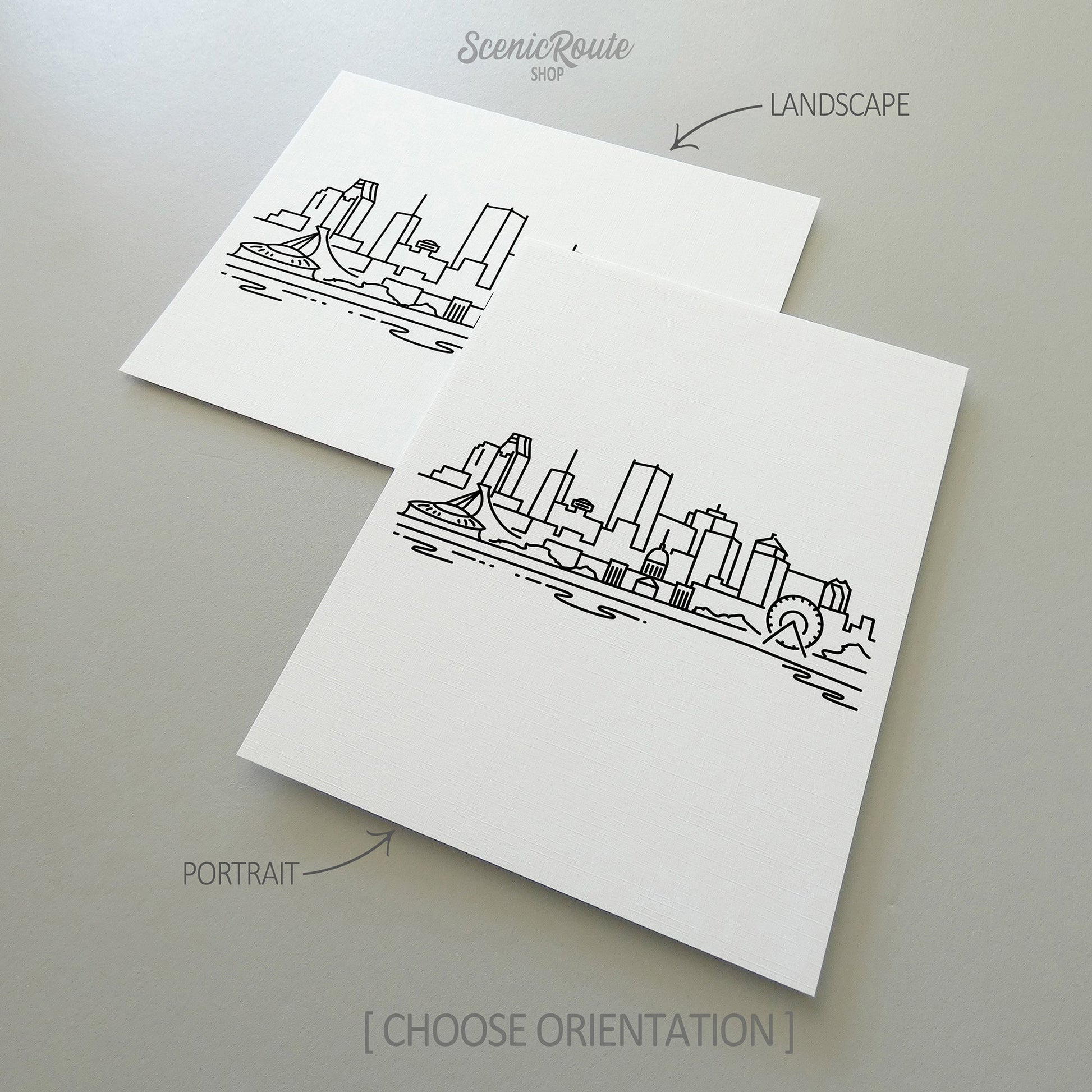 Two line art drawings of the Montreal Skyline on white linen paper with a gray background.  The pieces are shown in portrait and landscape orientation for the available art print options.