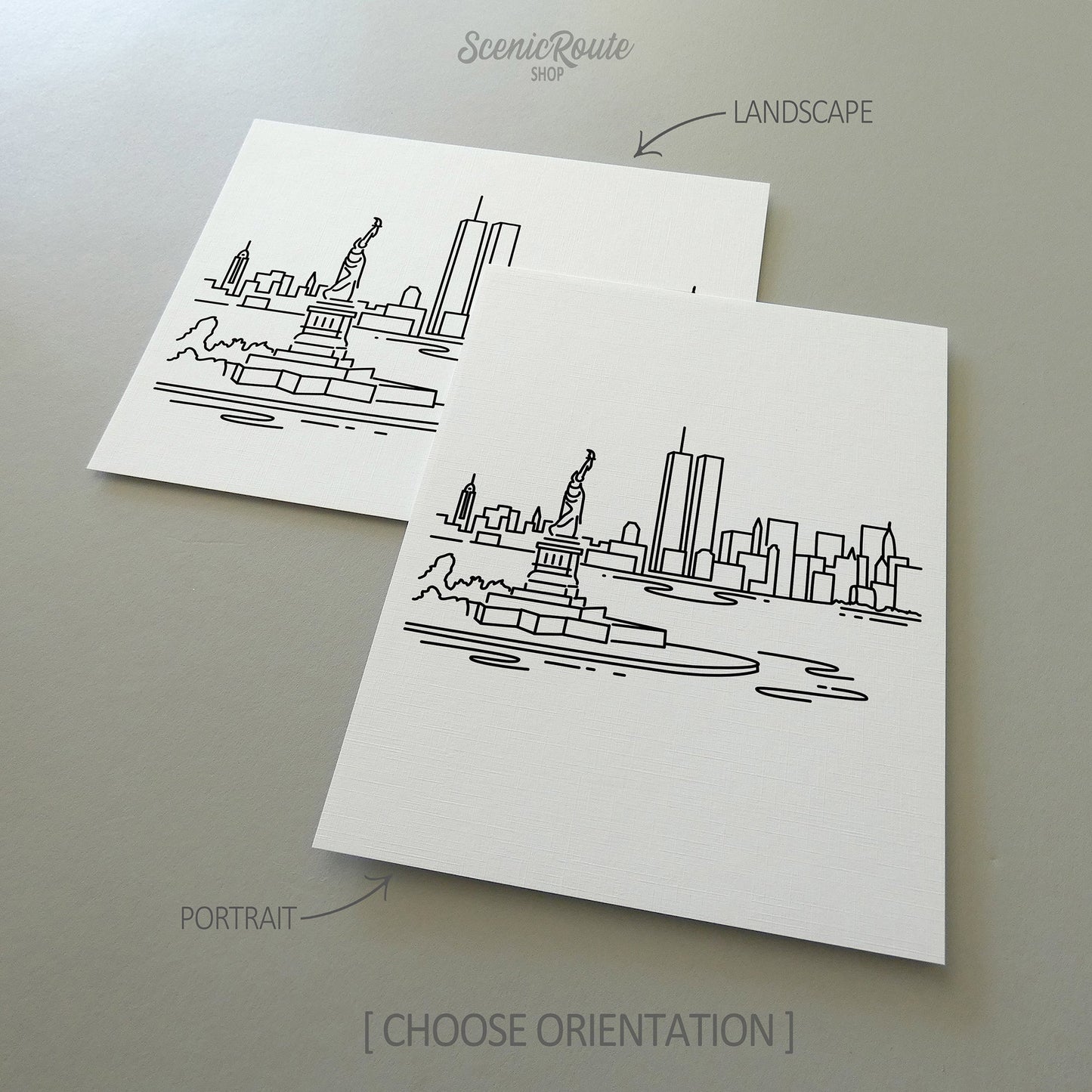 Two line art drawings of the New York City Skyline on white linen paper with a gray background. The pieces are shown in portrait and landscape orientation for the available art print options.