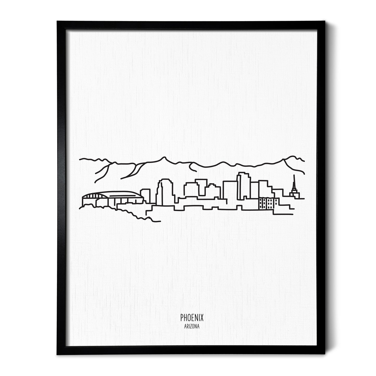 A line art drawing of the Phoenix Arizona Skyline on white linen paper in a thin black picture frame
