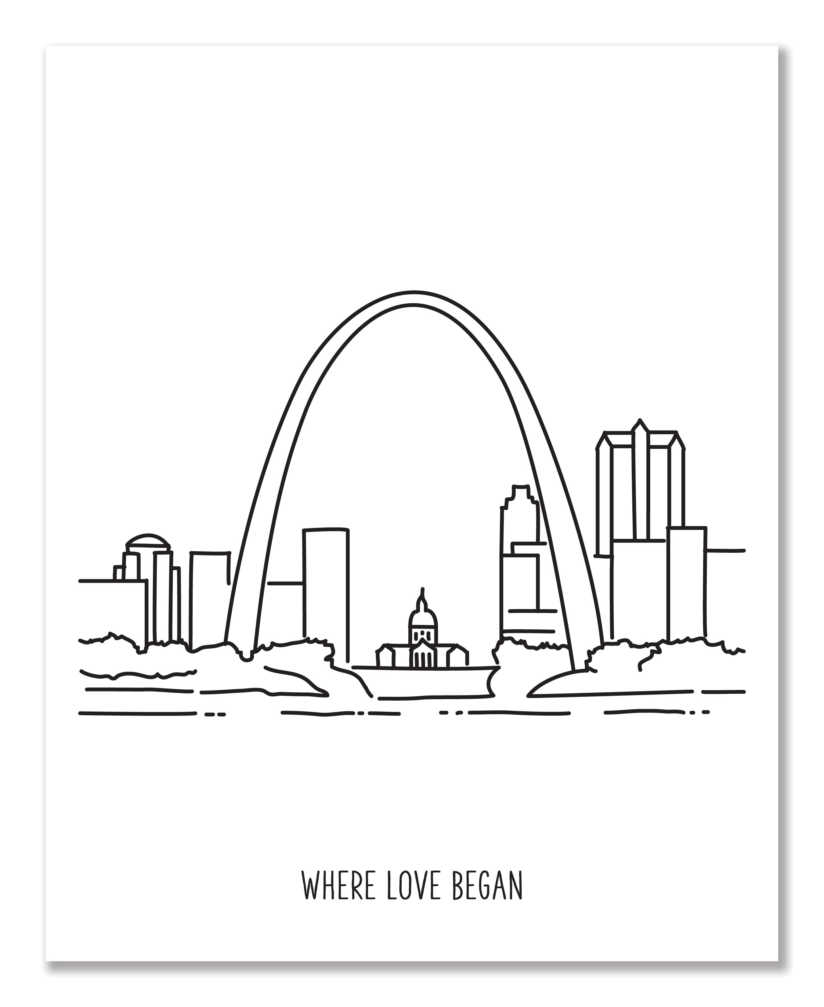 A line drawing of the Saint Louis Skyline with a custom title