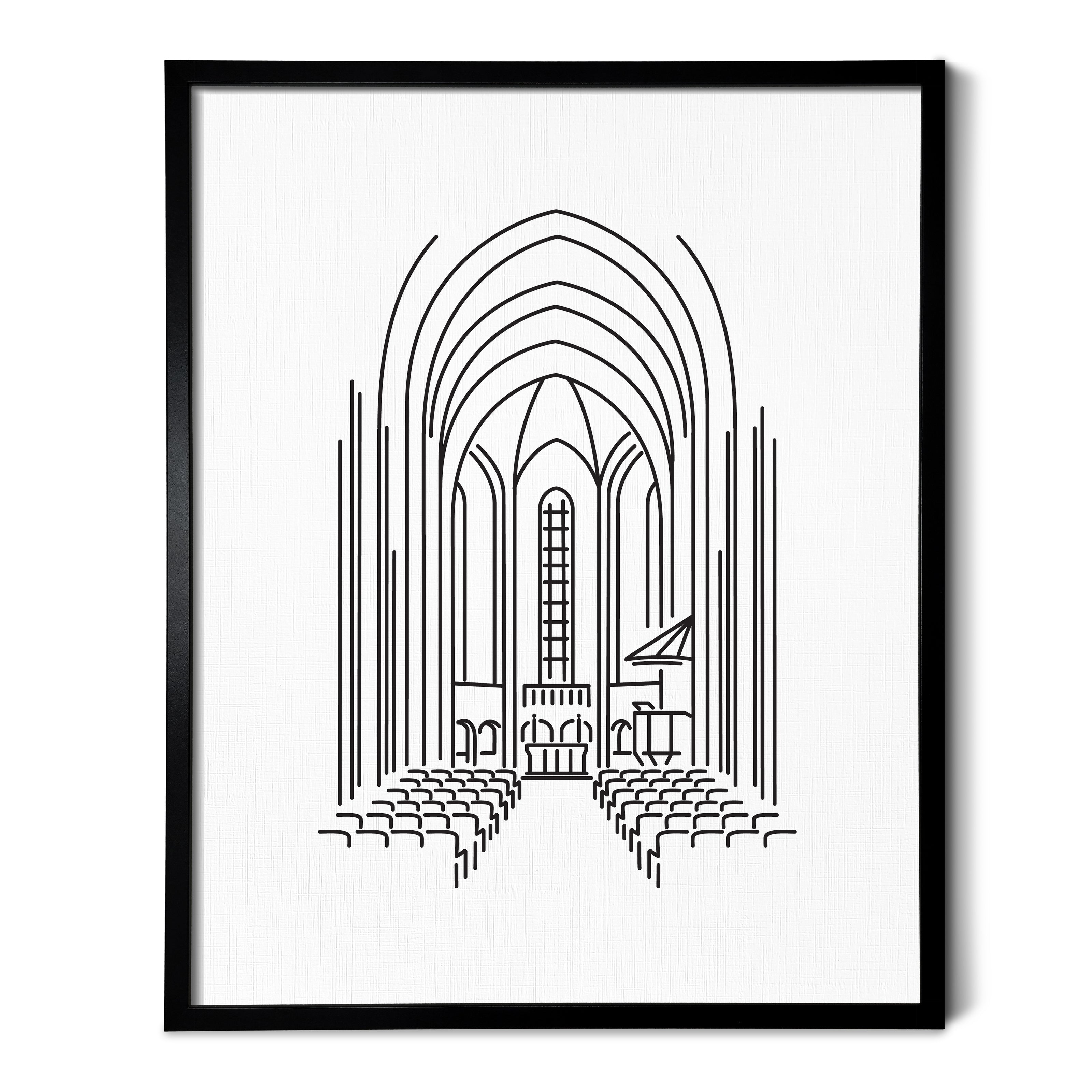 A line art drawing of a church on white linen paper in a thin black picture frame