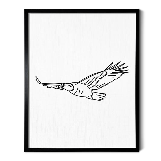 A line art drawing of an Eagle on white linen paper in a thin black picture frame