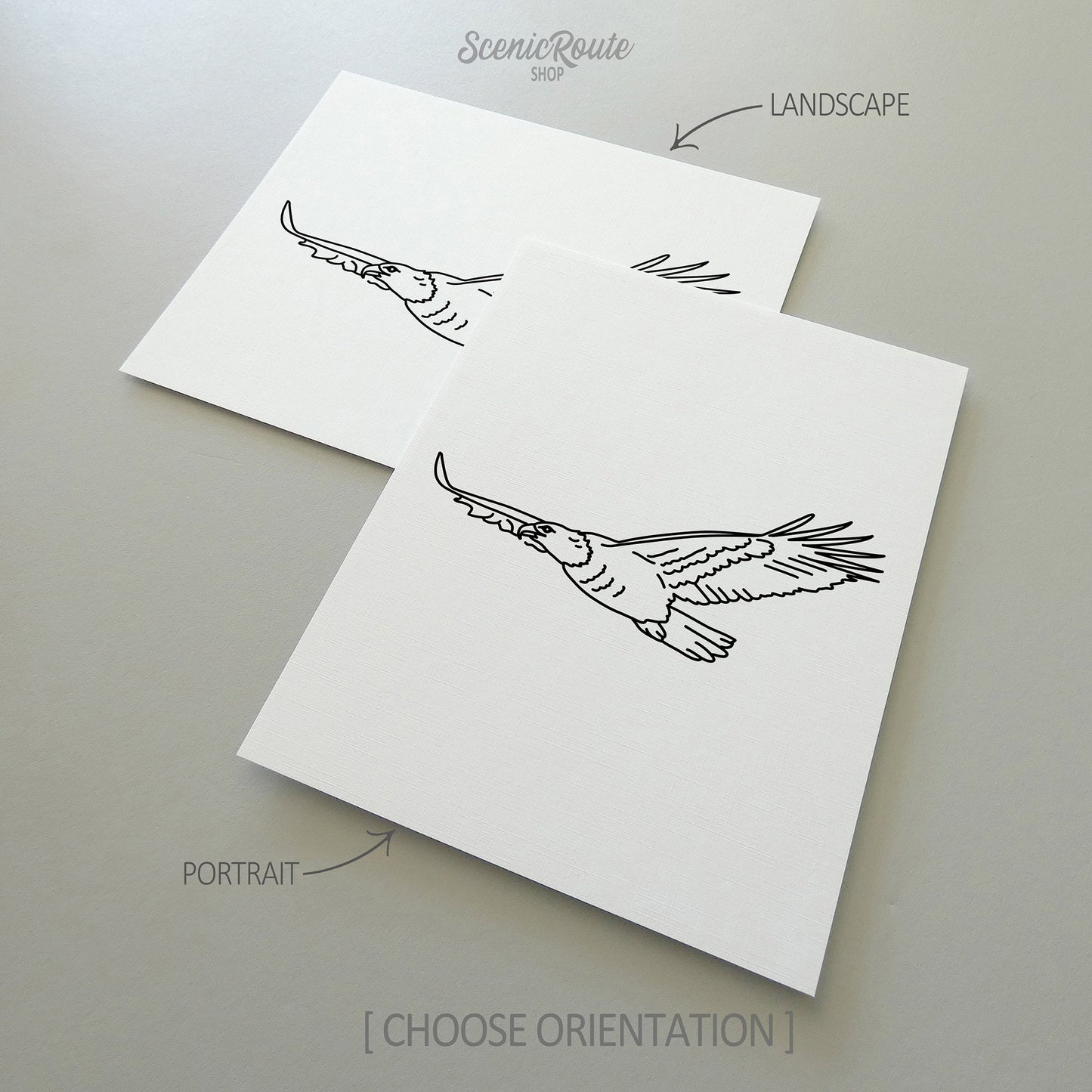 Two line art drawings of an Eagle on white linen paper with a gray background.  The pieces are shown in portrait and landscape orientation for the available art print options.