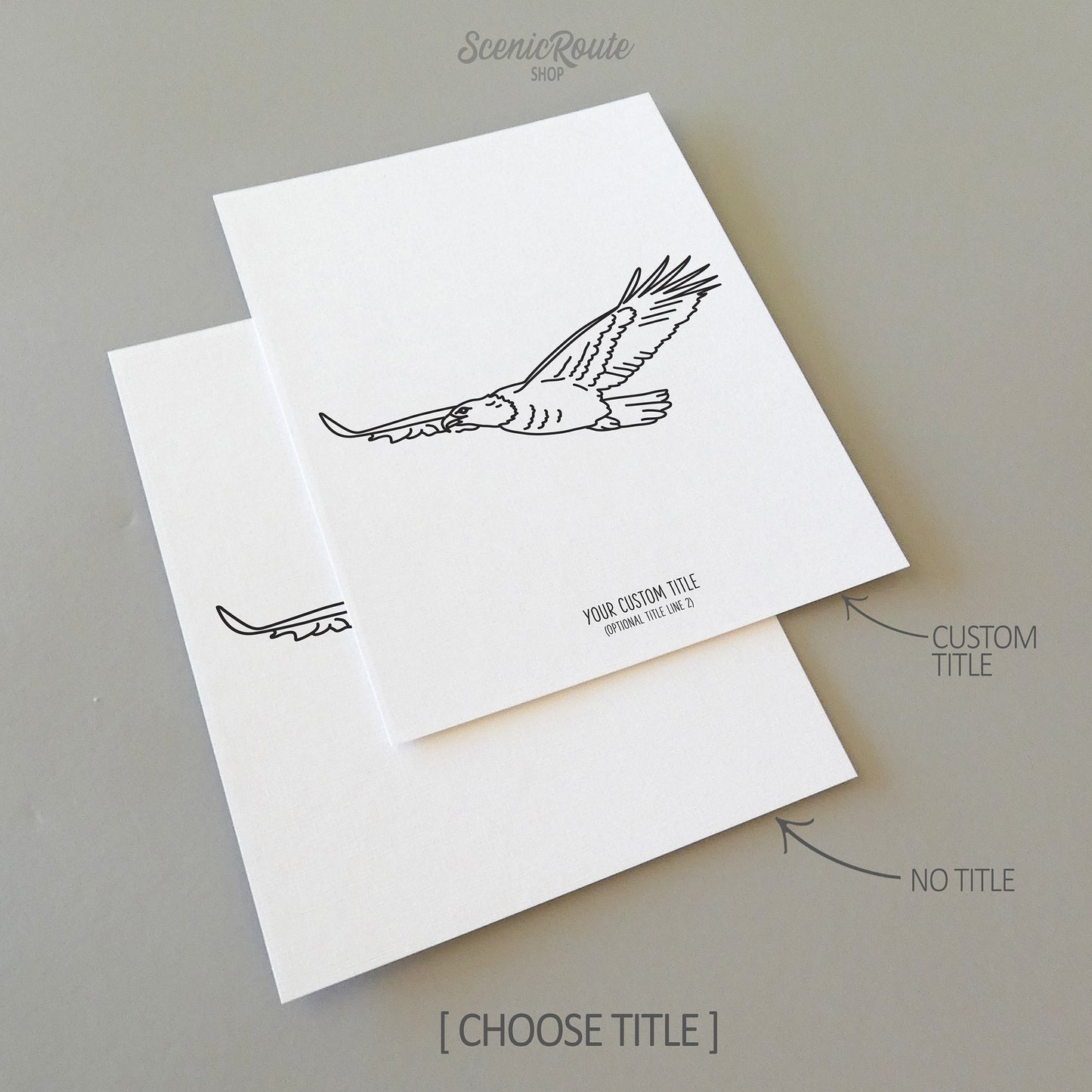 Two line art drawings of an Eagle flying on white linen paper with a gray background. The pieces are shown with “No Title” and “Custom Title” options for the available art print options.