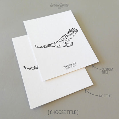 Two line art drawings of an Eagle flying on white linen paper with a gray background.  The pieces are shown with “No Title” and “Custom Title” options for the available art print options.