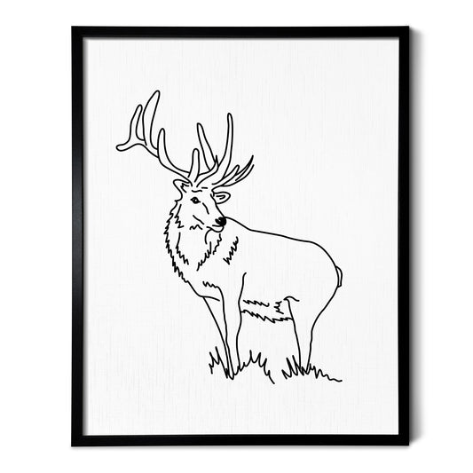 A line art drawing of an Elk on white linen paper in a thin black picture frame