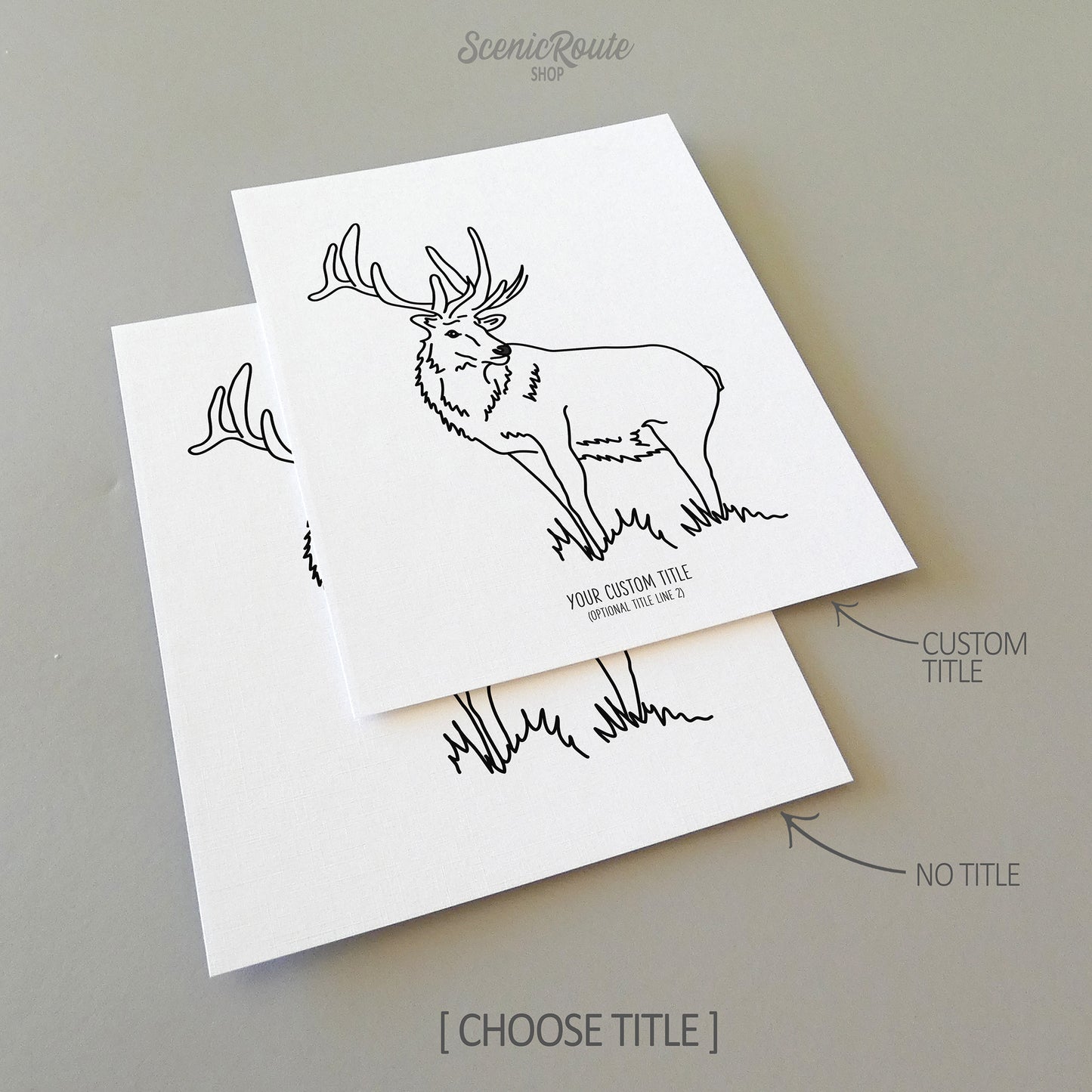 Two line art drawings of an Elk on white linen paper with a gray background.  The pieces are shown with “No Title” and “Custom Title” options for the available art print options.