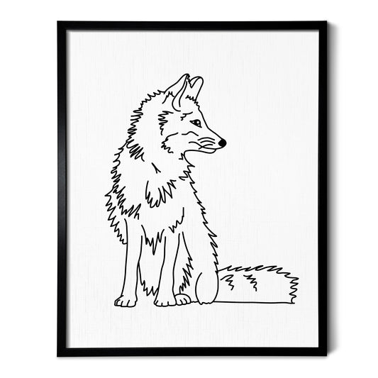 A line art drawing of a Fox on white linen paper in a thin black picture frame