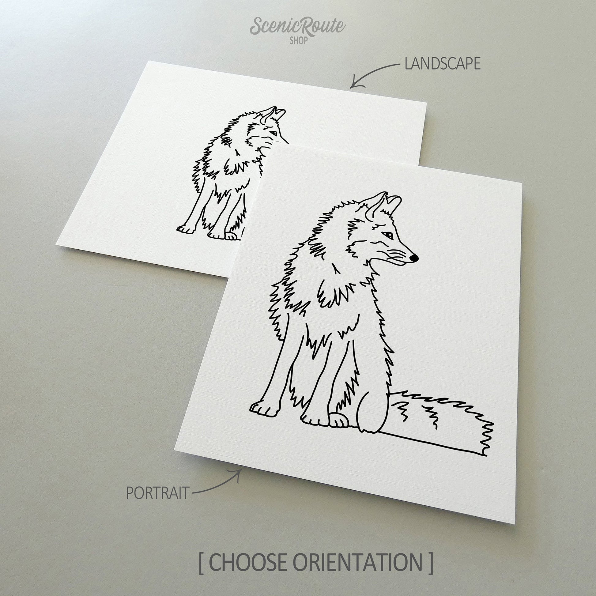 Two line art drawings of a Fox on white linen paper with a gray background.  The pieces are shown in portrait and landscape orientation for the available art print options.