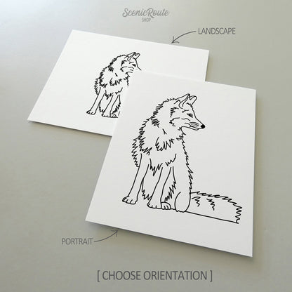 Two line art drawings of a Fox on white linen paper with a gray background.  The pieces are shown in portrait and landscape orientation for the available art print options.