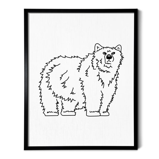 A line art drawing of a Grizzly Bear on white linen paper in a thin black picture frame