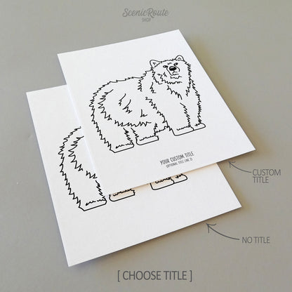 Two line art drawings of a Grizzly Bear on white linen paper with a gray background.  The pieces are shown with “No Title” and “Custom Title” options for the available art print options.