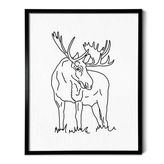 A line art drawing of a Moose on white linen paper in a thin black picture frame