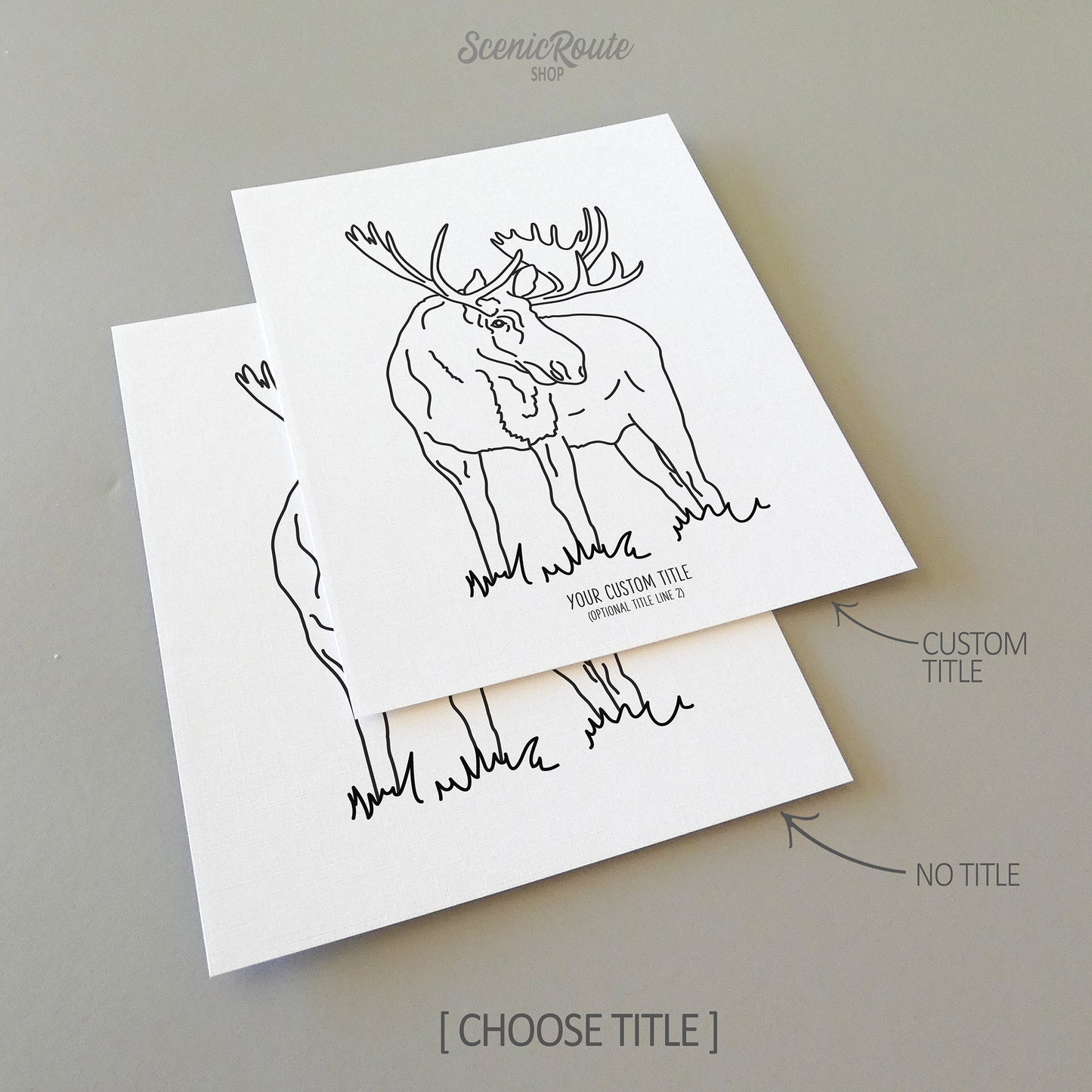 Two line art drawings of a Moose on white linen paper with a gray background.  The pieces are shown with “No Title” and “Custom Title” options for the available art print options.