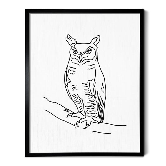 A line art drawing of an Owl on white linen paper in a thin black picture frame
