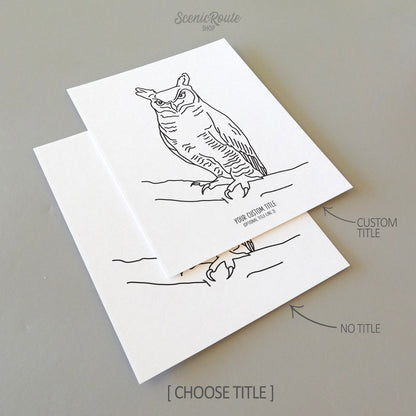 Two line art drawings of an Owl on white linen paper with a gray background.  The pieces are shown with “No Title” and “Custom Title” options for the available art print options.