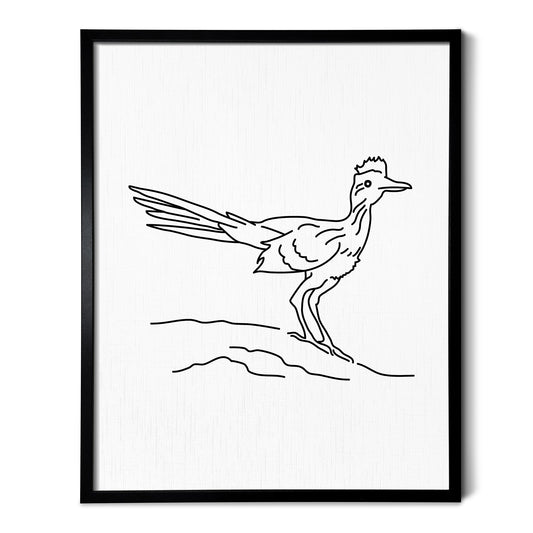 A line art drawing of a Roadrunner on white linen paper in a thin black picture frame