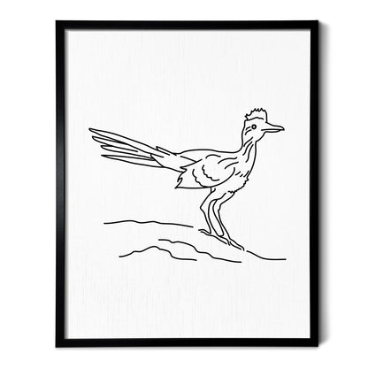 A line art drawing of a Roadrunner on white linen paper in a thin black picture frame