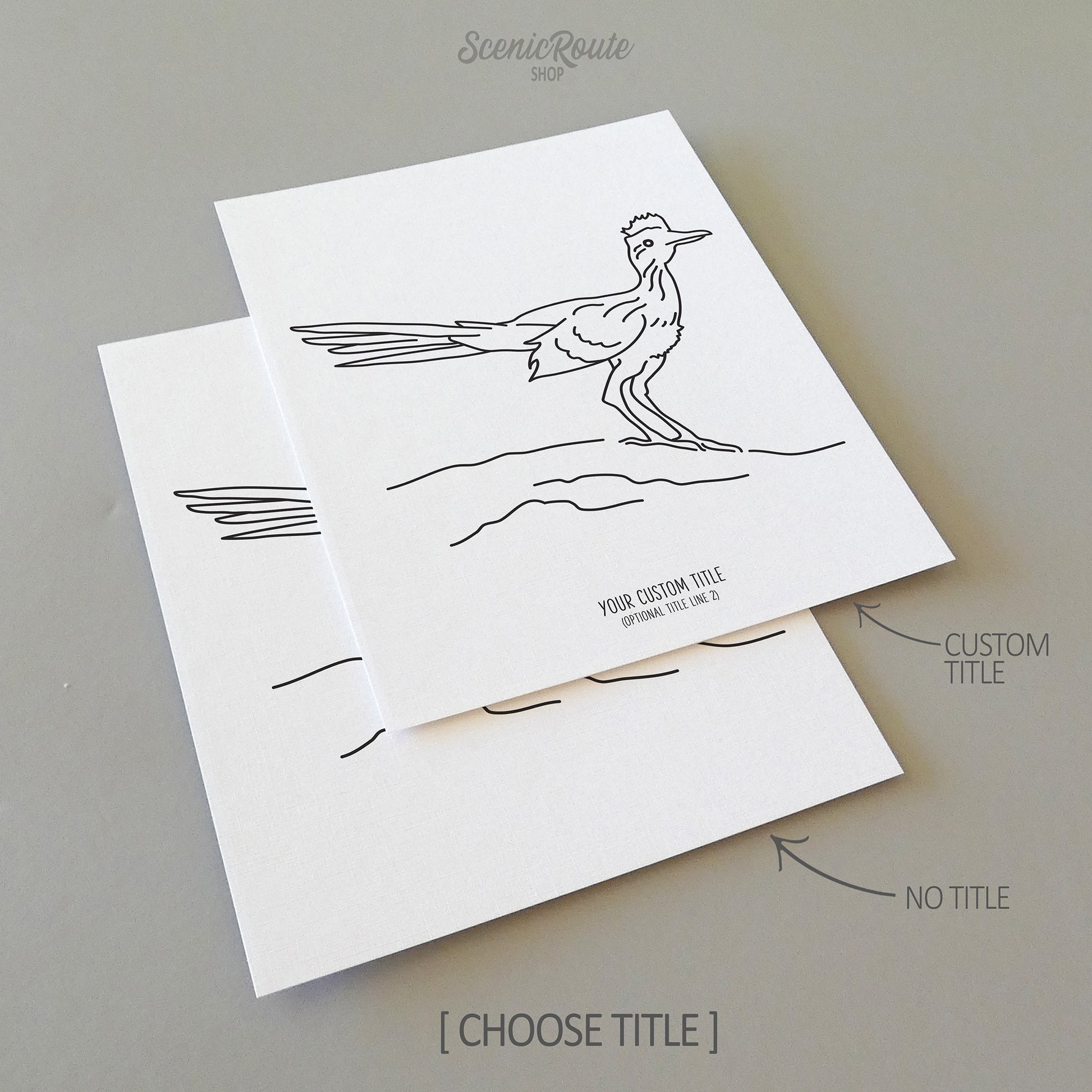 Two line art drawings of a Roadrunner Bird on white linen paper with a gray background.  The pieces are shown with “No Title” and “Custom Title” options for the available art print options.