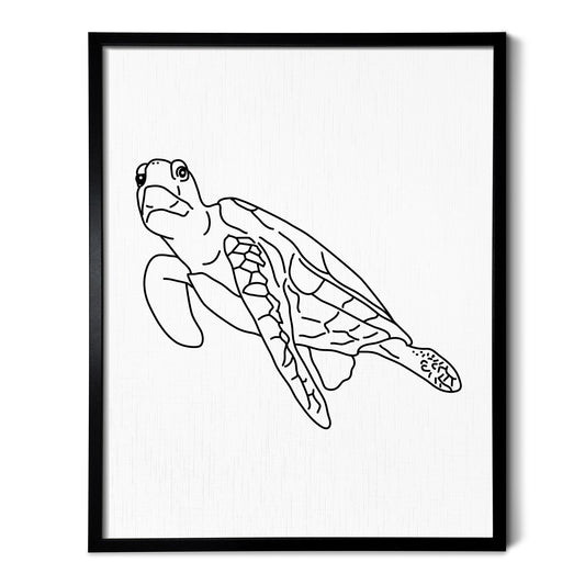 A line art drawing of a Sea Turtle on white linen paper in a thin black picture frame