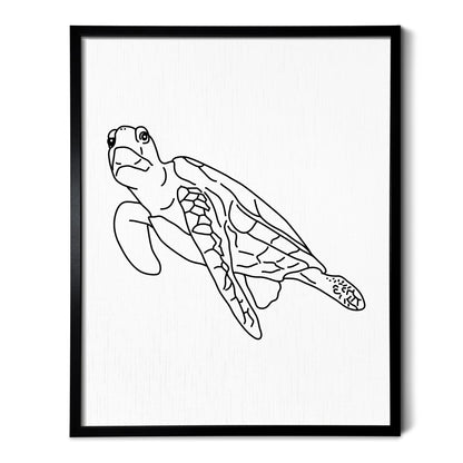 A line art drawing of a Sea Turtle on white linen paper in a thin black picture frame