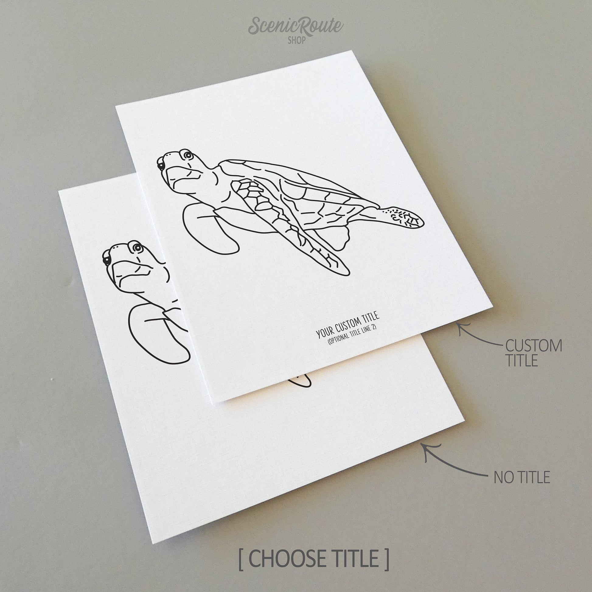 Two line art drawings of a Sea Turtle on white linen paper with a gray background.  The pieces are shown with “No Title” and “Custom Title” options for the available art print options.