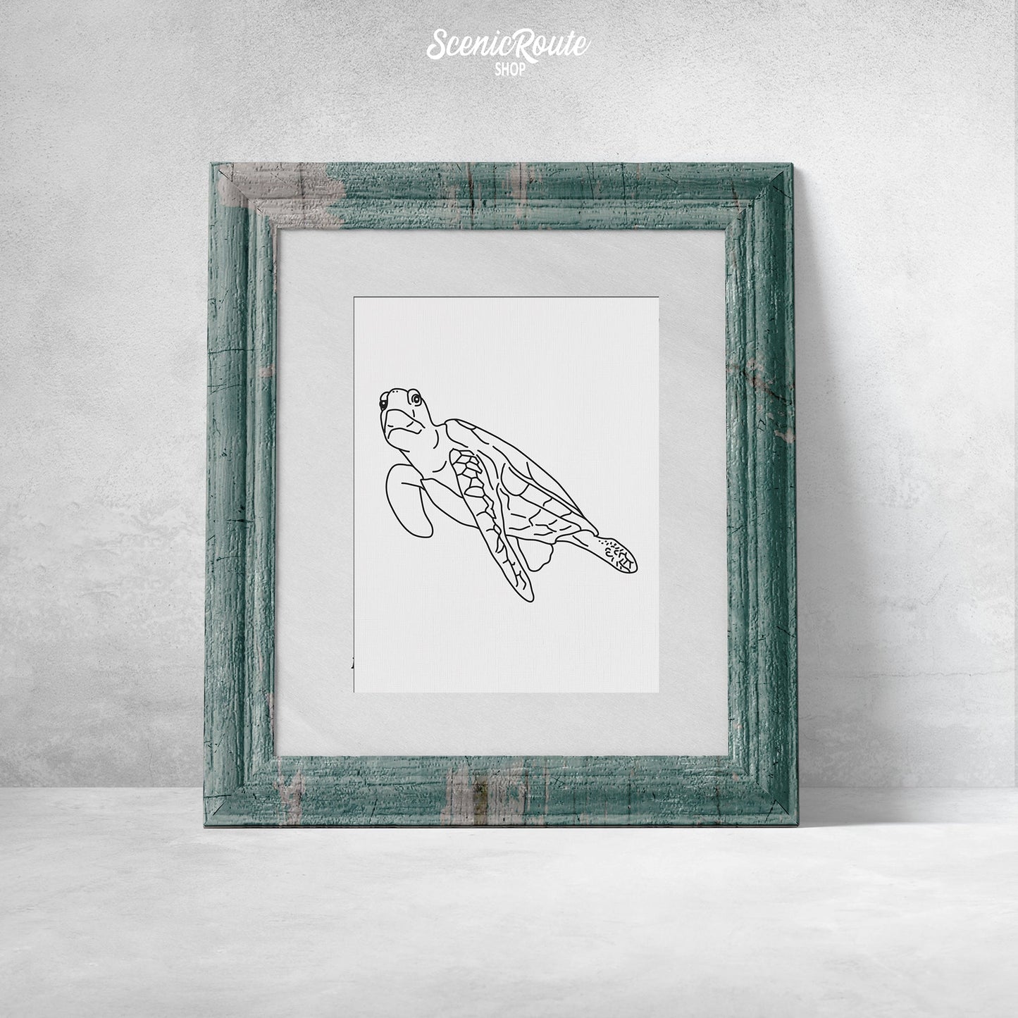 A framed line art drawing of a Sea Turtle