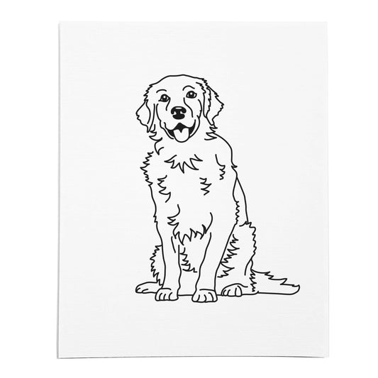 An art print featuring a line drawing of a Golden Retriever dog on white linen paper