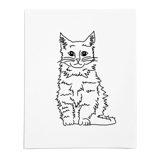 An art print featuring a line drawing of a Maine Coon cat on white linen paper