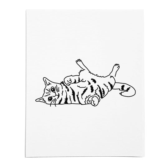 An art print featuring a line drawing of a Playful Cat on white linen paper