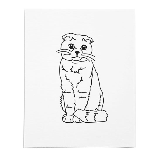 An art print featuring a line drawing of a Scottish Fold cat on white linen paper