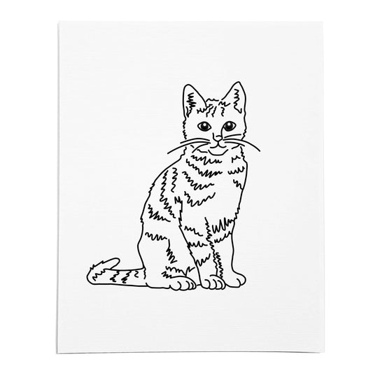 An art print featuring a line drawing of a Tabby Cat on white linen paper