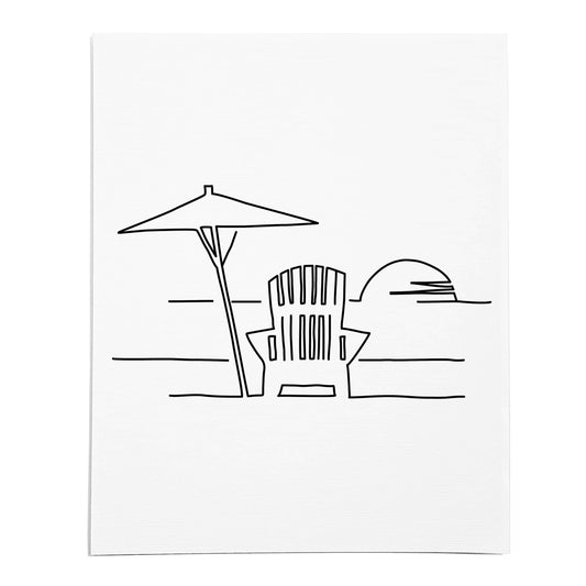 An art print featuring a line drawing of a Beach Chair on white linen paper
