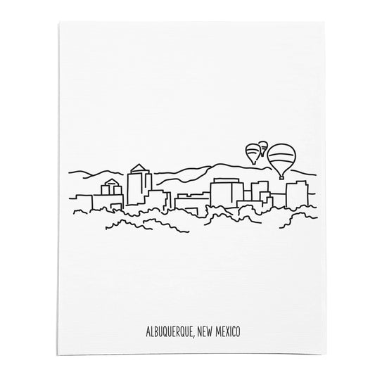 An art print featuring a line drawing of the Albuquerque Skyline on white linen paper