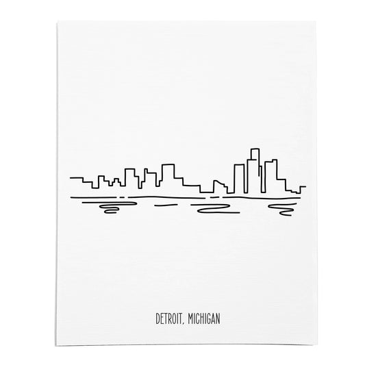 An art print featuring a line drawing of the Detroit Skyline on white linen paper