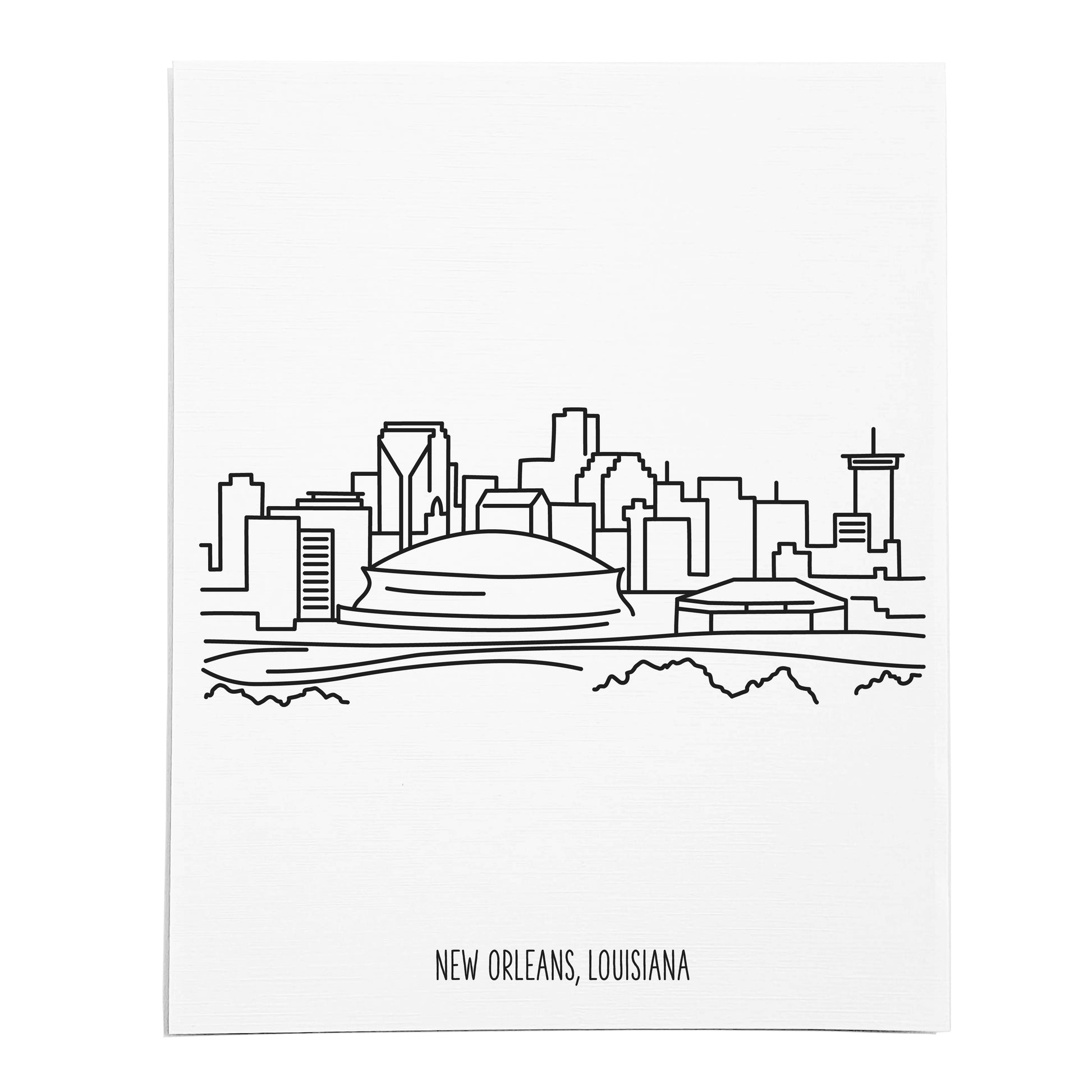 An art print featuring a line drawing of the New Orleans Skyline on white linen paper