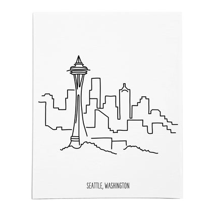 An art print featuring a line drawing of the Seattle Skyline on white linen paper