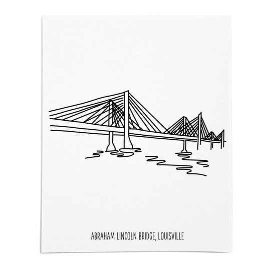 An art print featuring a line drawing of the Abraham Lincoln Bridge on white linen paper