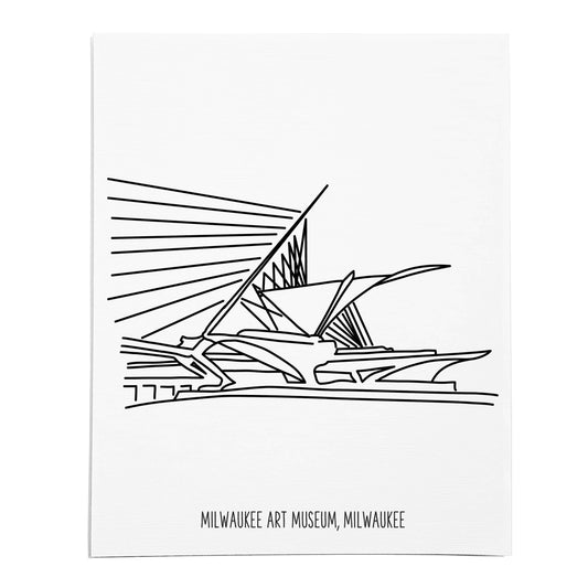 An art print featuring a line drawing of the Milwaukee Art Museum on white linen paper